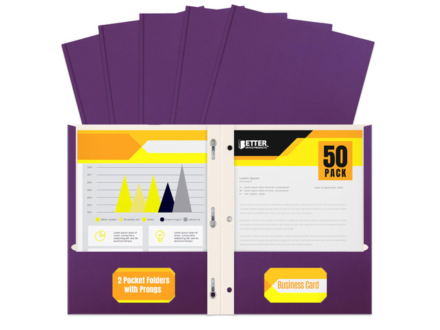 Purple Paper 2 Pocket Folders with Prongs, 50 Pack, Matte Texture, Letter Size Paper Folders, 50 Pack, with 3 Metal Prong Fastener Clips, Purple