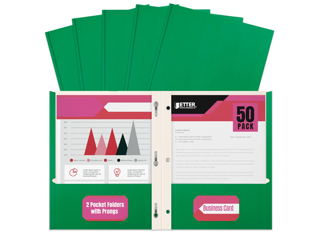 Green Paper 2 Pocket Folders with Prongs, 50 Pack, Matte Texture, Letter Size Paper Folders, 50 Pack, with 3 Metal Prong Fastener Clips, Green