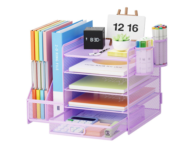 Desk Organizer with File Holder, 5-Tier Paper Letter Tray Organizer with Drawer and 2 Pen Holder, Mesh Desktop Organizer and Storage with Magazine...