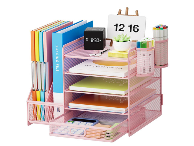 Desk Organizer with File Holder, 5-Tier Paper Letter Tray Organizer with Drawer and 2 Pen Holder, Mesh Desktop Organizer and Storage with Magazine...