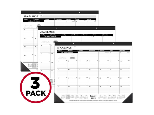 2026 Desk Calendar, Desk Pad, Monthly, 21-3/4' x 17', Large, Ruled Blocks, 3 Pack (AZSK240026), White