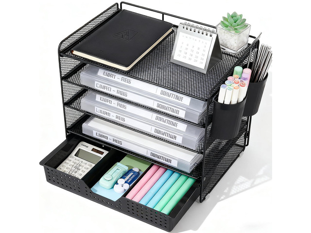 Desk Organizer and Accessories, 5-Tier Paper Letter Tray Organizer with Drawer & 2 Pen Holders for Desktop File Organization, Office Desk...