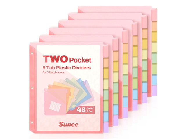 8 Tab Dividers with Pockets, Plastic Dividers for 3 Ring Binder, Subject Dividers with 2 Pockets, Binder Dividers for School Office Home Supplies,...