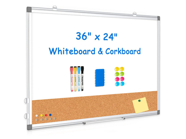 Whiteboard Cork Board Combo for Wall, 36' x 24' Dry Erase Whiteboard Double-Sided Magnetic, Corkboard White Board Combo, Bulletin Board, Aluminium...