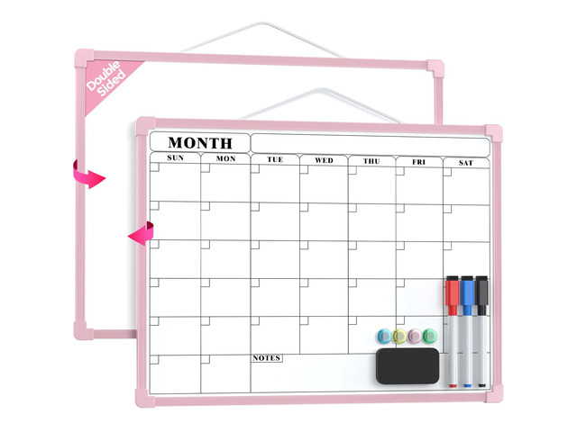 Monthly Calendar Dry Erase Board for Wall, 16'x12', Pink Frame Double-Sided, Hanging Small White Board, Portable Whiteboard for Planning, Drawing,...