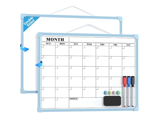 Monthly Calendar Dry Erase Board for Wall, 16'x12', Blue Frame Double-Sided, Hanging Small White Board, Portable Whiteboard for Planning, Drawing,...
