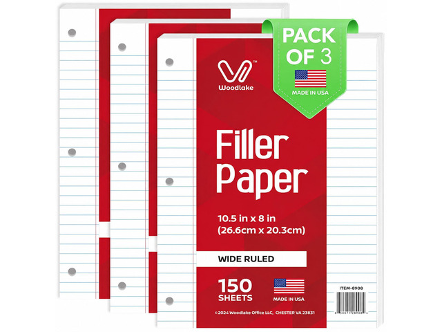 Loose Leaf Paper, Wide Ruled Notebook Paper, 8 x 10.5, 150 Sheets per Pack, 3 Pack Bulk Lined Filler Paper, 3 Hole Punched, 60gsm, Made in USA