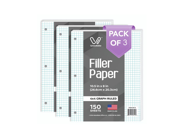 Loose Leaf Graph Paper, 4x4 Quad Ruled Notebook Paper, 8 x 10.5 Graphing Paper, 150 Sheets per Pack, 3 Pack Filler Paper, 3 Hole Punched, Made in USA