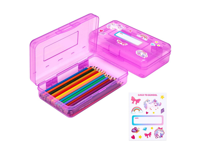 Plastic Pencil Box with Personalized Sticker,Large Capacity,Purple Kid Large Hard Pencil Case with Snap-tight Lid, Small Art Craft Storage...