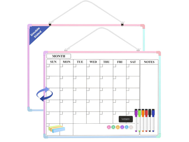 Monthly Whiteboard Calendar for Wall, 24' x 18' Dry Erase Board with Plastic Frame, Hanging Dry Erase Calendar with 3 Mini Sticky Notes for Kitchen...