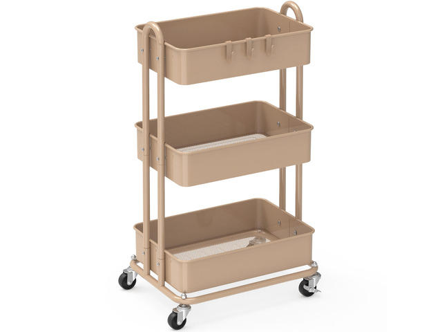 3-Tier Heavy Duty Metal Utility Rolling Cart, Khaki