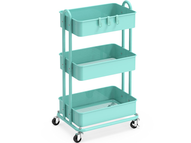 3-Tier Heavy Duty Metal Utility Rolling Cart, Turquoise