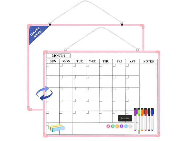 Monthly Whiteboard Calendar for Wall, 24' x 18' Dry Erase Board with Plastic Frame, Hanging Dry Erase Calendar with 3 Mini Sticky Notes for Kitchen...