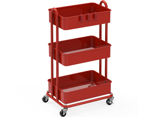 3-Tier Heavy Duty Metal Utility Rolling Cart, Red