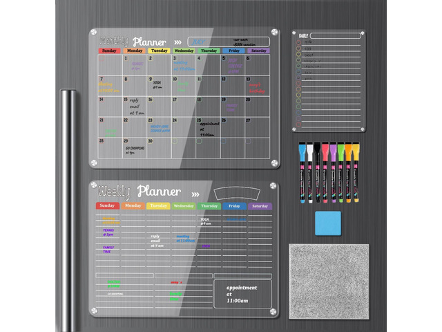 3-Pack Acrylic Magnetic Dry Erase Calendar Whiteboard Set Organize Your Refrigerator, Wall, or Fridge with Monthly, Weekly, and Daily Planners,...