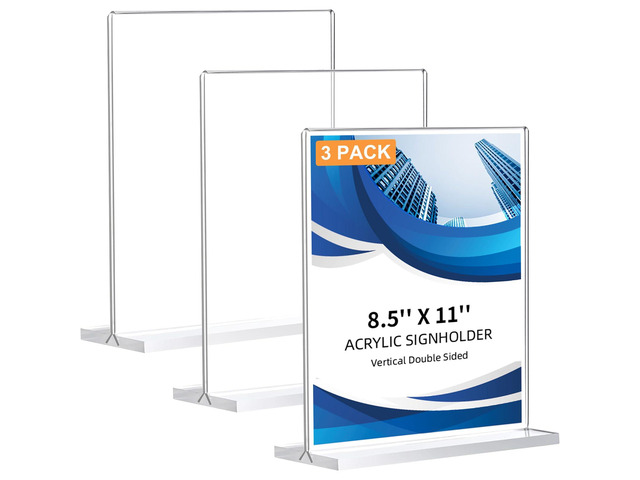 3 Pack Acrylic Sign Holder 8.5 x 11, Double-Sided Clear Sign Holder Plastic Stands for Display, T Shape Acrylic Table Sign Stands for Office Store...