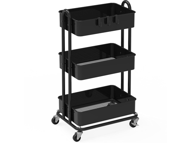 3-Tier Heavy Duty Metal Utility Rolling Cart, Black
