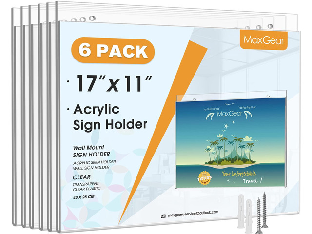 Acrylic Wall Mount Sign Holder, 11 x 17 Landscape, 6 Pack Clear Acrylic Material, Easy Wall Installation with Included Screws and Pre-drilled...