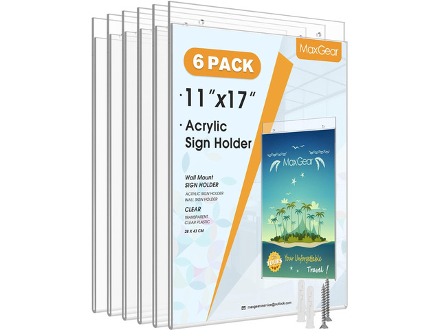 Acrylic Wall Mount Sign Holder, 11 x 17 Vertical, 6 Pack Clear Acrylic Material, Easy Wall Installation with Included Screws and Pre-drilled Holes,...