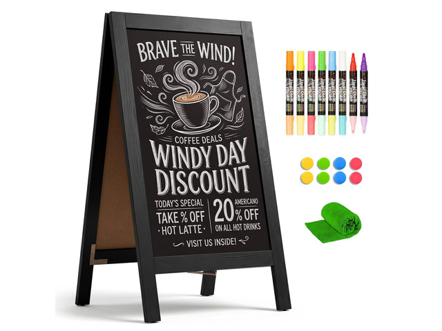 A-Frame Double-Sided Magnetic Chalkboard 40'x20', Black Solid Pine Wood, Freestanding Sandwich Board, For Business, Restaurants, Cafes, Weddings, 8...
