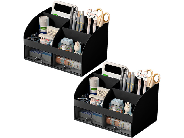 Desk Organizer with 6 Compartments and 2 Drawers, Plastic Makeup Organizer, Pen Holder for Desktop Storage, Desk Organization for School, Home,...