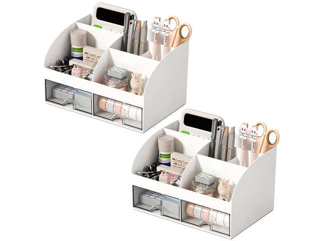 Desk Organizer with 6 Compartments and 2 Drawers, Plastic Makeup Organizer, Pen Holder for Desktop Storage, Desk Organization for School, Home,...