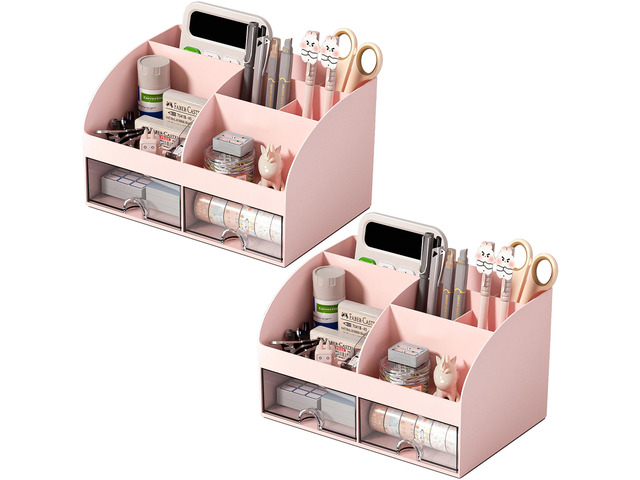 Desk Organizer with 6 Compartments and 2 Drawers, Plastic Makeup Organizer, Pen Holder for Desktop Storage, Desk Organization for School, Home,...