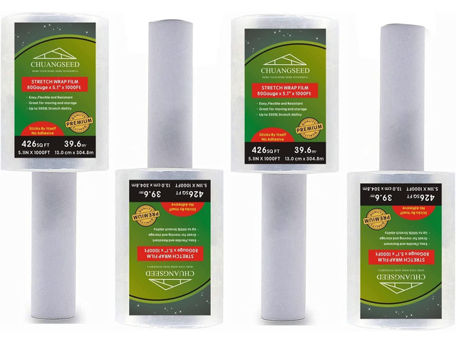 4-Pack Industrial Mini Clear Stretch Wrap Film 80 Gauge 5.1' 1000ft for Pallet Wrap, Durable Self-Adhering Packing, Moving, Packaging, Heavy Duty...