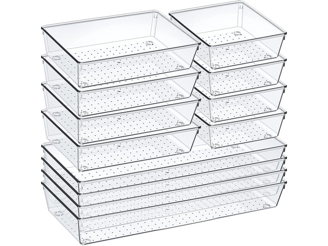 12 Pack Clear Plastic Drawer Organizer Set, Acrylic Non Slip Non Cracking Kitchen Drawer Storage Tray Large Size Divider, Multifunctional Storage...