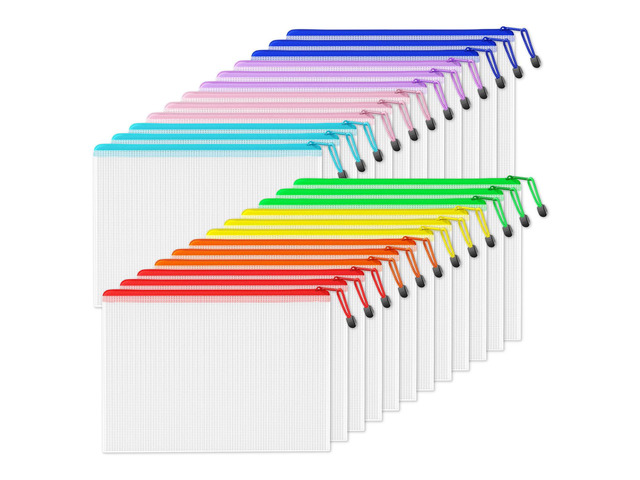 Plastic Mesh Zipper Pouch 11x16 in (8 Colors, 24 Packs),Extra Large Water-Resistant Zip Bag for School Office Supplies, Puzzles & Games Organizing...