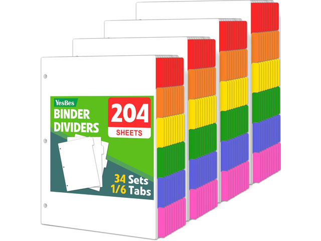 204 Pcs Binder Dividers with Multicolor Tabs, 1/6 Cut Tabs, Dividers for 3 Ring Binder, Blank Write On Binder Dividers in 6 Tab Sets, Letter Size,...