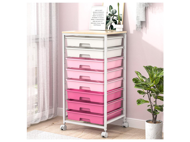 Rolling Cart with Drawers,Utility Cart with 8 Drawers,Rose Pink Craft Organizers and Storage Cart with Wooden Tabletop for Living Room,Classroom,...