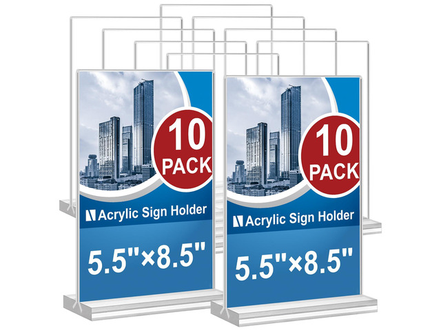 Acrylic Sign Holder 5.5 x 8.5, 10 Pack Double-Sided Stand up Table Top Clear Sign Holders, T Shape Plastic Acrylic Picture Frame Menu Flyer Paper...