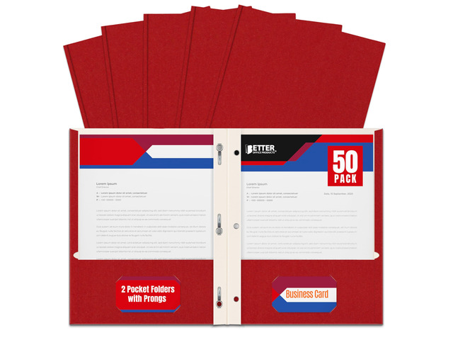 Plastic Folders, 50 Pack Red Paper Folders with Pockets & Folders with Prongs, Matte Texture, Letter Size, 3 Metal Prong Fastener Clips, Durable...