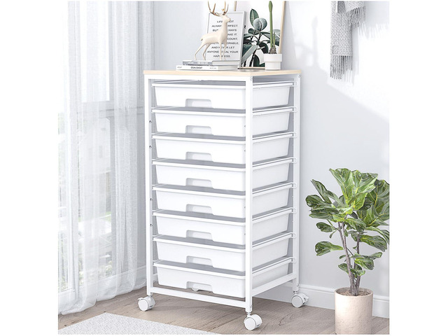 Rolling Storage Cart with Drawers, 8 Drawers Utility Cart,White Rolling Drawer Cart with Wooden Tabletop,Storage Drawer Cart for Living...
