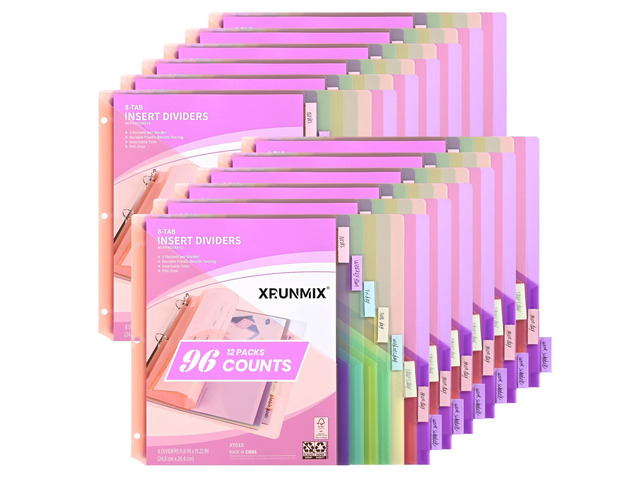 Bulk 12 Packs 8-Tab Binder Dividers with 2 Pockets, 96 Counts Binder Dividers Index for 3 Ring Binders, 8 Pastel Colors, US Letter Size (12)