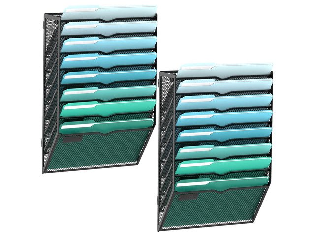 8-Tier Wall File Organizer, Wall Mounted Mail Sorter, 2 Pack Metal Mesh Hanging File Organizer with Open Compartments and Label Panels for Papers...