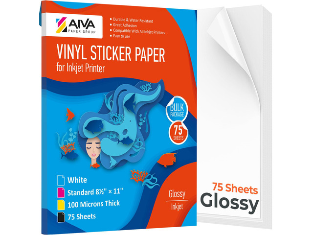Printable Vinyl Sticker Paper - Waterproof Decal Paper for Inkjet Printer - 75 Self-Adhesive Sheets - Glossy White - Standard Letter Size 8.5'x11'
