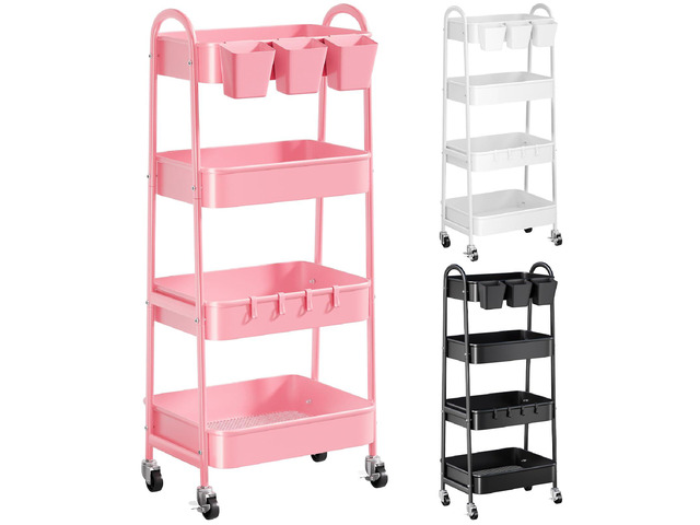4 Tier Rolling Cart Metal with Lockable Wheels, Four Tiered Utility Carts Pink Storage Organizer Trolley Cart on Wheels for Bathroom, Kitchen, Art,...