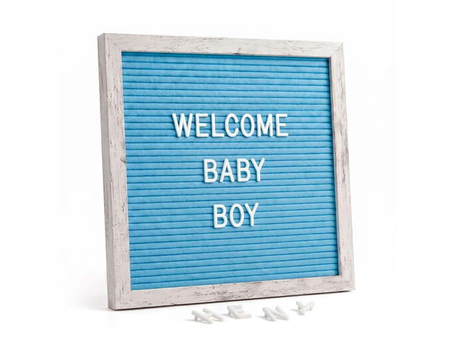Rustic Blue Felt Letter Board 10x10 Inch for Baby Boy Announcements 336 letters, numbers and symbols with a tabletop stand and wall hanger for...