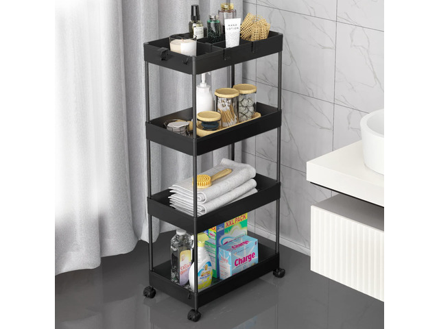 4 Tier Rolling Cart with Wheels, Storage Craft Art Trolley Organizer Serving, 3 Hanging Baskets Easy Assembly, for Office, Living Room, Kitchen