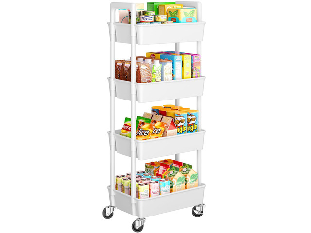 4 Tier Rolling Cart Organizer, Plastic Rolling Cart with Lockable Wheels & Reinforced Handle, Lightweight Utility Storage Cart for Nursery,...