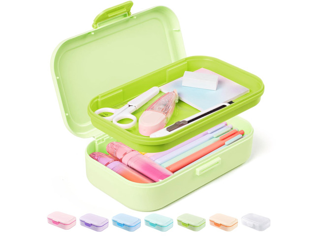 Double Layer Pencil Box, Plastic Pencil Case with Latch, Hard School Supply Box for Girls Boys Kids, Large Crayon Marker Pen Holder, Cute Art...