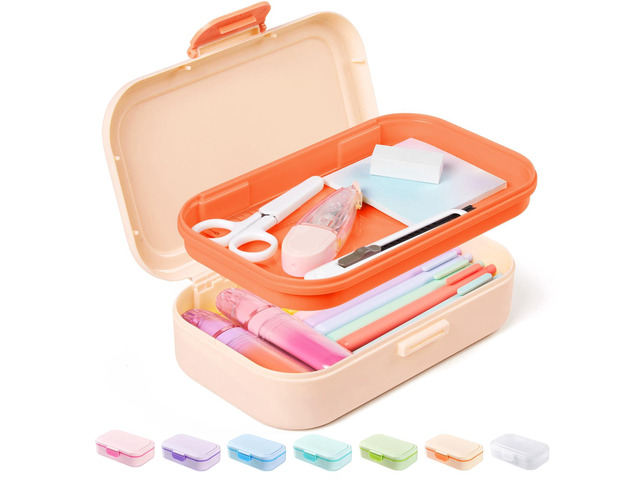 Double Layer Pencil Box, Plastic Pencil Case with Latch, Hard School Supply Box for Girls Boys Kids, Large Crayon Marker Pen Holder, Cute Art...