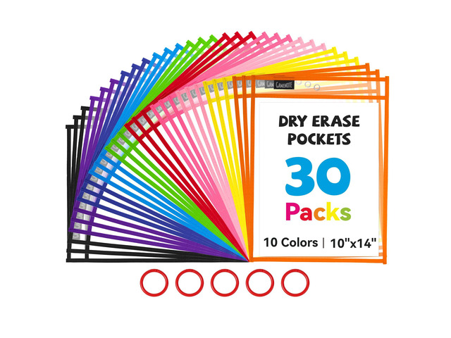 30 Pack Dry Erase Pockets, 10x14 Reusable Sleeves, 10 Colors 30 reusable PVC pockets hold 8.5 x 11 and 9 x 12 sheets; double sided wipe clean...