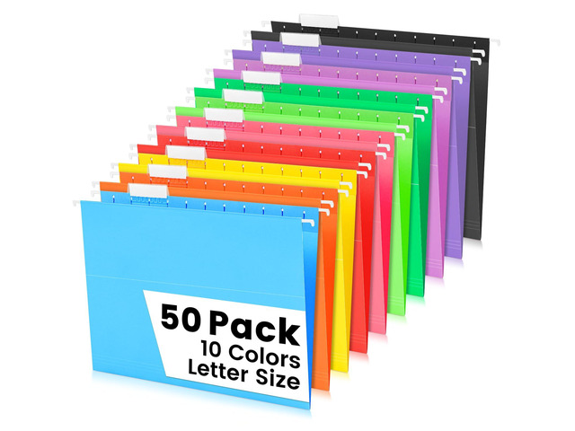 50-Pack Assorted Hanging File Folders, Letter Size with 55 Transparent Label Cards, 60 Sticker Labels,1/5-Cut TabsHome Office & Filing Cabinets