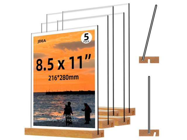 Acrylic Sign Holder with Wood Base 8.5x11 Inch Vertical and Slant Displays (5 Pack 8.5*11')
