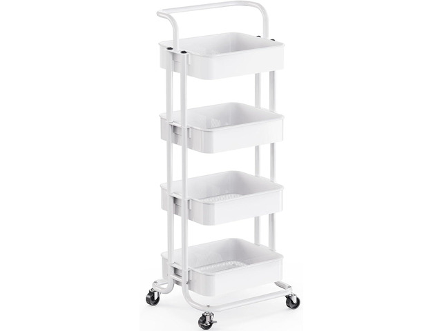 Metal 4 Tier Rolling Cart with Handle & 2 Lockable Wheels, White Four Large 2' Wheels for Easier Movement, Sturdy Metal, Hold 22 lbs per Shelf,...