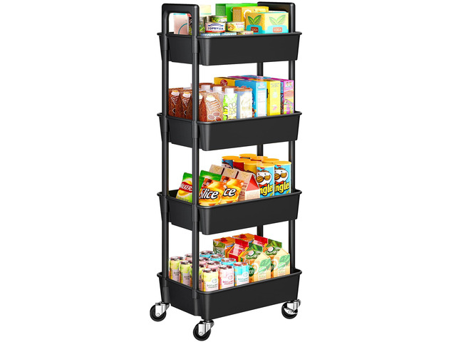 4-Tier Rolling Cart, Plastic Cart with Lockable Wheels & Reinforced Handle, Lightweight Utility Storage for Nursery, Bathroom, Craft Room, Black