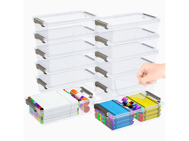 12 Pack Extra Large Pencil Box with Removable Divider, Thickened Pencil Case Bulk, Clear Crayon Marker Organizer Stackable Plastic Small Storage...